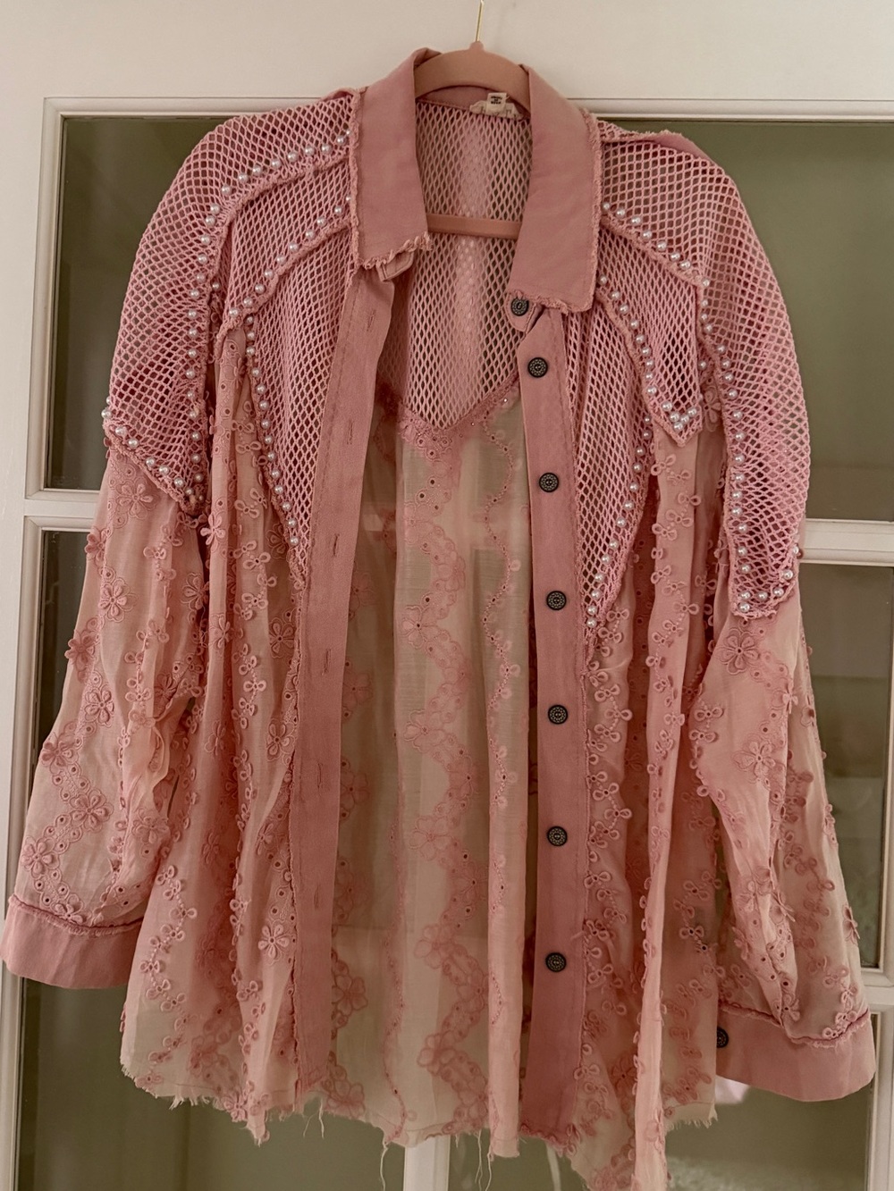 POL Boho Pink Embroidered Mesh Button-Front Women's Top